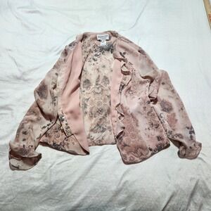 Pendleton Women's Sheer Floral Ruffle Blouse Dusty Rose Gray Long Sleeve Size 8